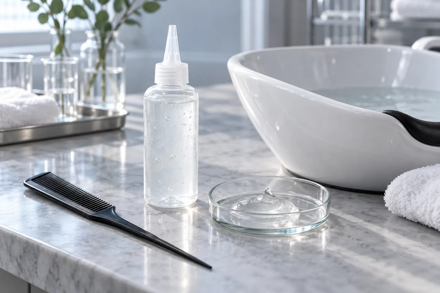 Unbranded precision-nozzle scalp gel bottle beside a gel sample, comb and rinse bowl.