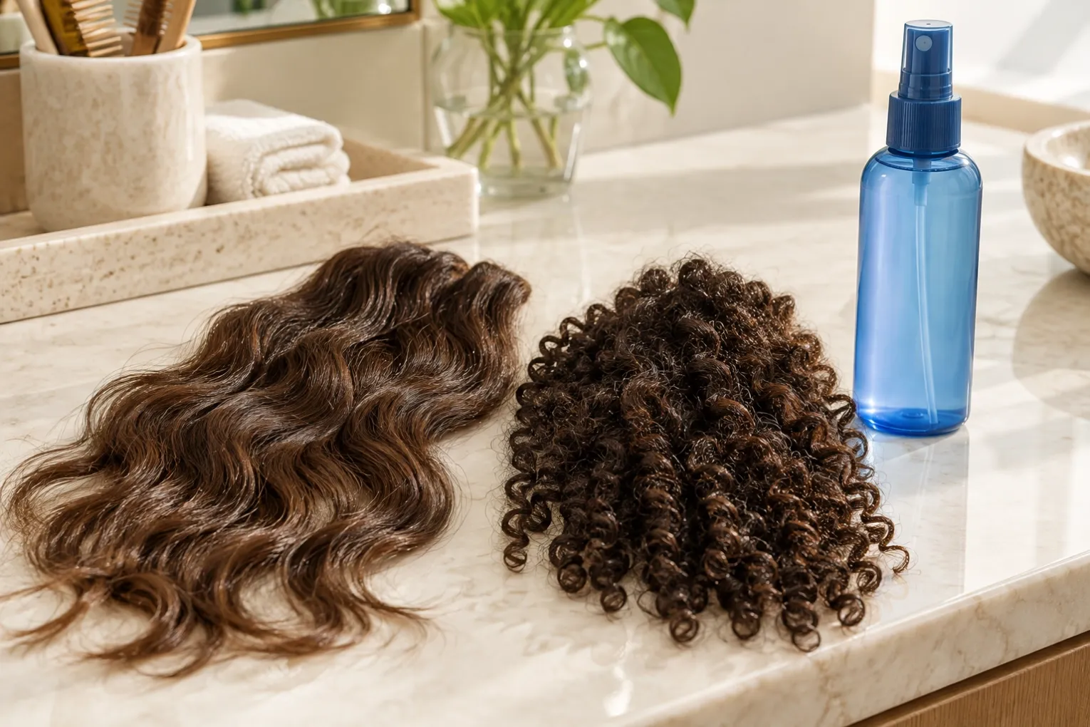 Illustrative loose wavy and tight coily brown hair swatches beside an unbranded blue mist bottle on a salon counter