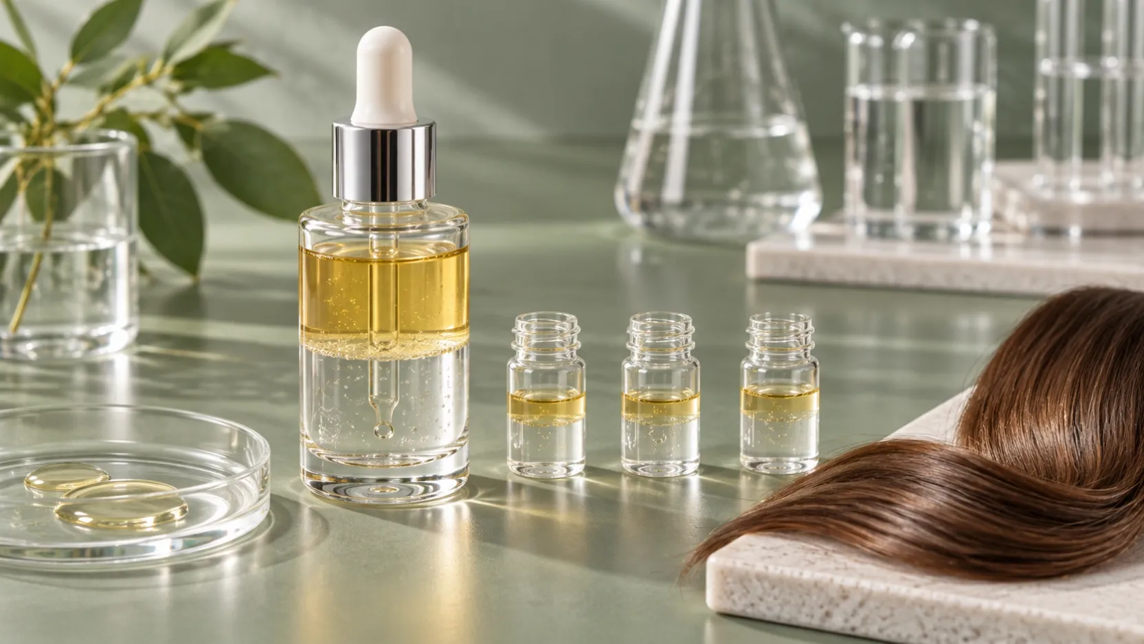 Two-layer serum in a clear dropper bottle beside three sample vials and a brown hair swatch.