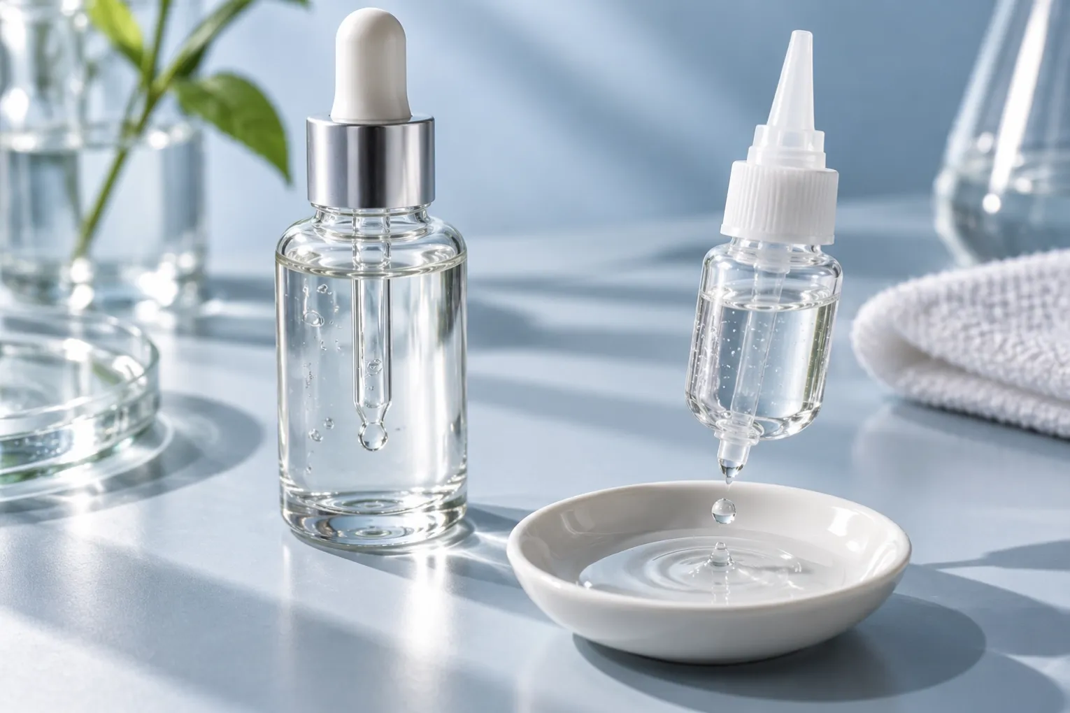 A glass dropper and a precision-nozzle sample bottle arranged beside a small weighing dish
