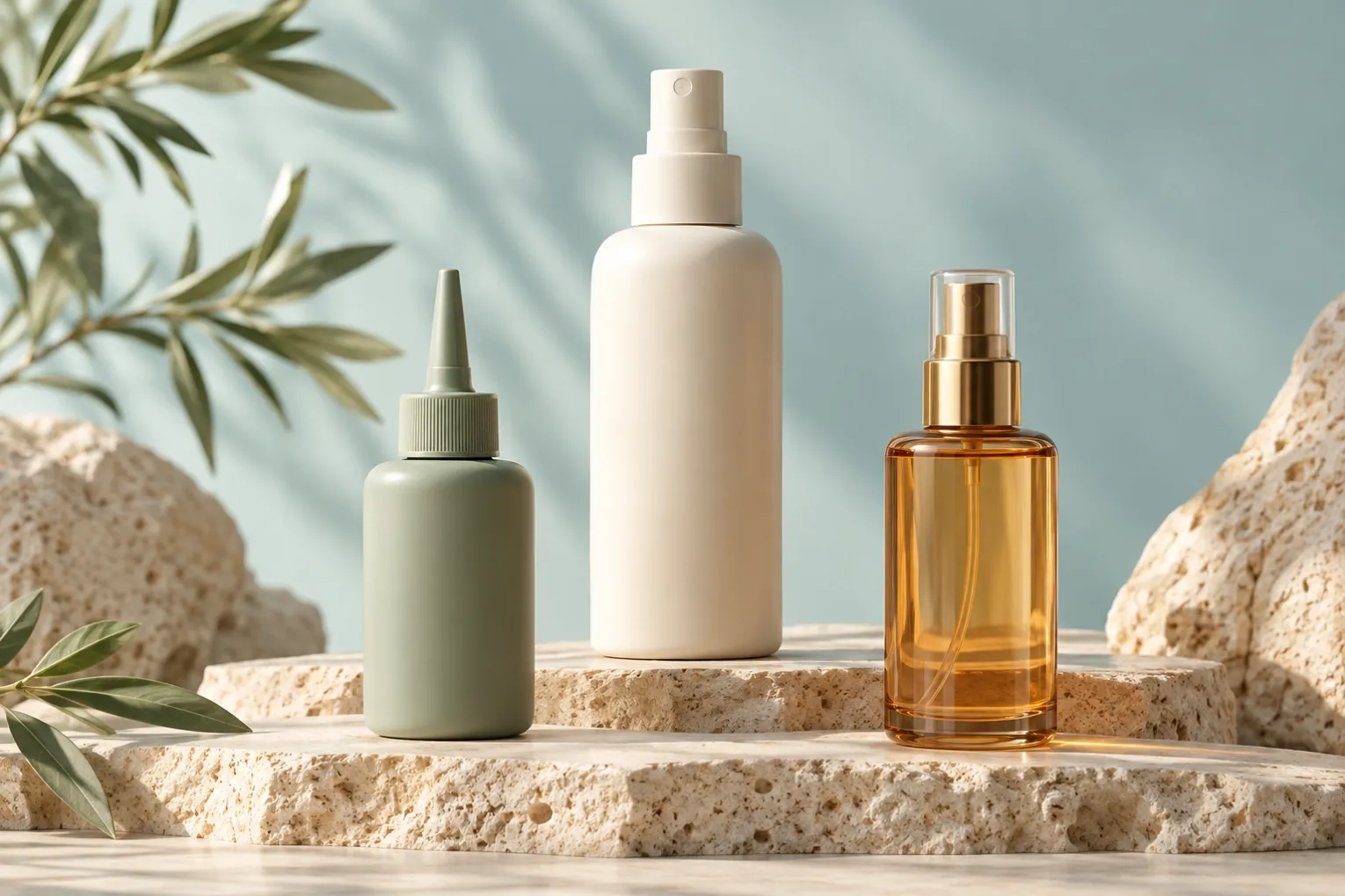 Packaging concept illustration of a scalp-serum nozzle bottle, hydration spray and hair-fragrance bottle arranged as three distinct product roles.