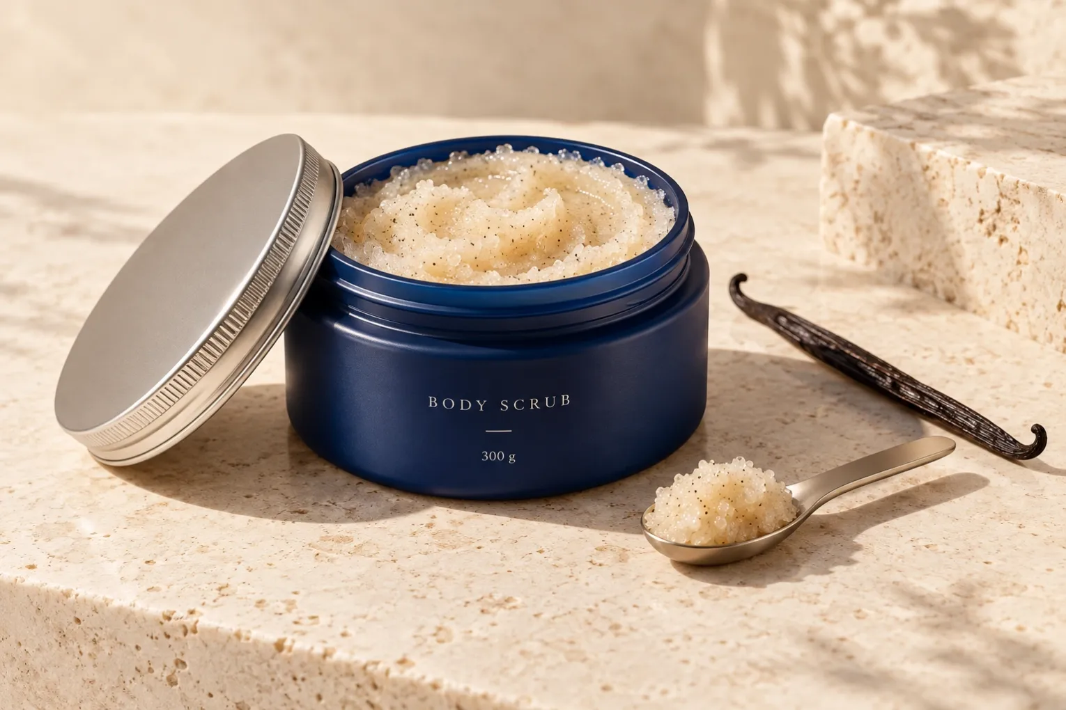 Editorial packaging concept of an open blue 300 g body scrub jar with a silver lid, visible fine scrub grains and a small vanilla pod beside it.