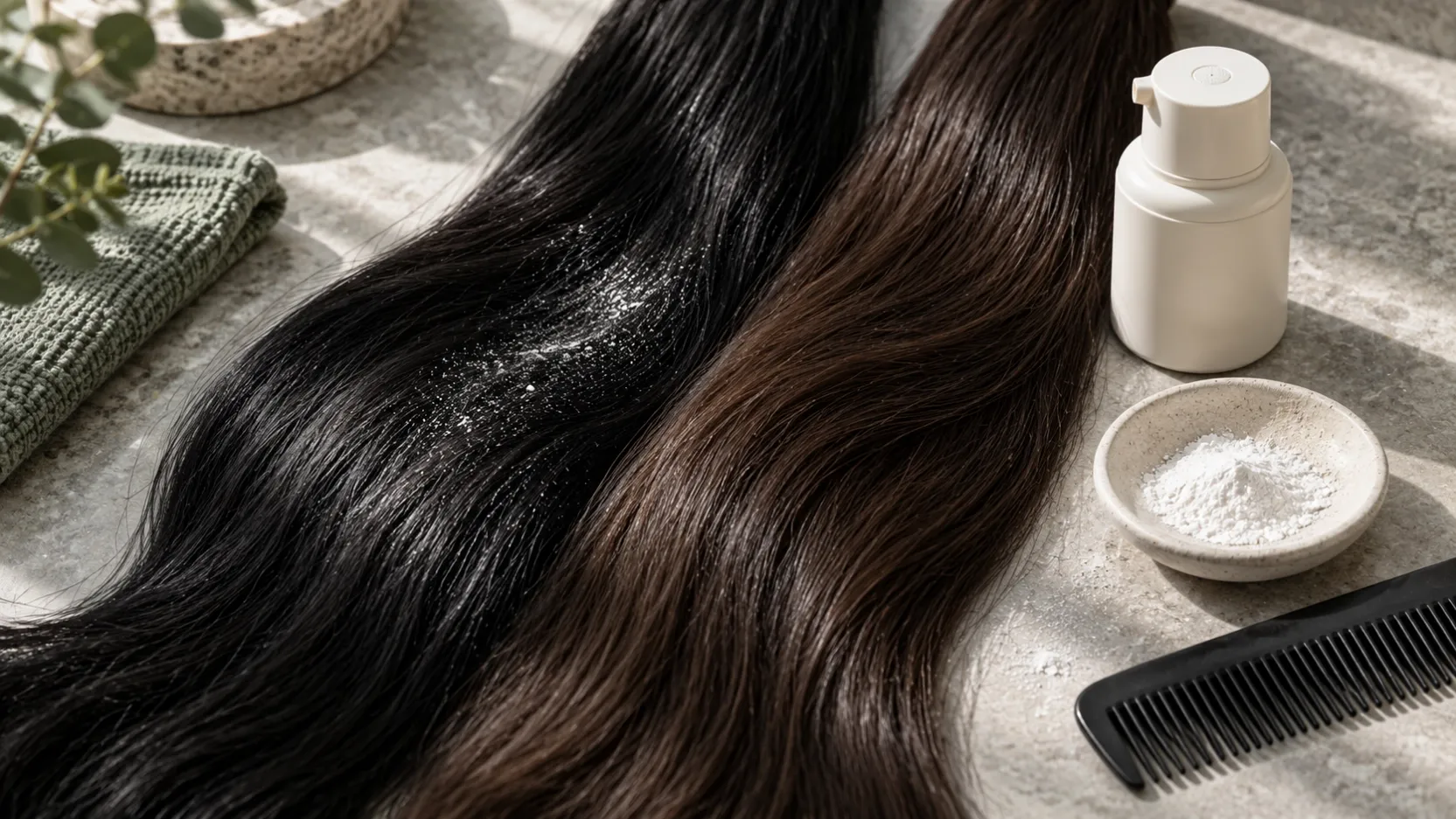 Black and brown hair swatches beside an unbranded powder pump, white powder dish and salon comb.