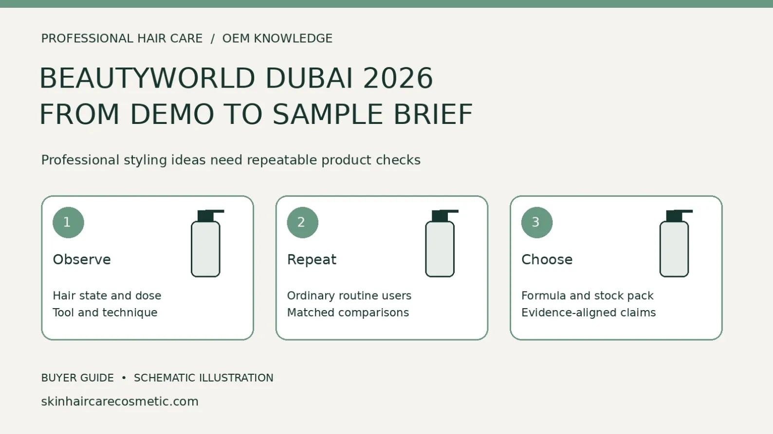 Beautyworld Dubai leave-in sample-brief diagram distinguishing styling-demo observations, repeat routine checks and formula-and-pack selection.