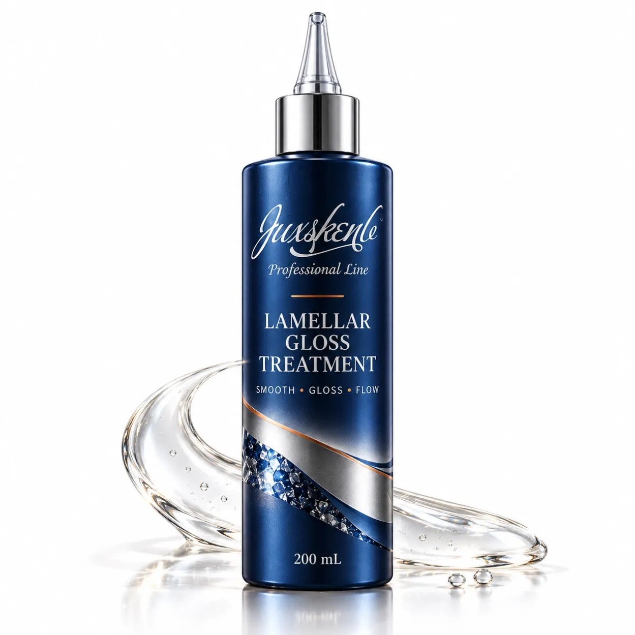Existing packaging concept of a blue 200 ml lamellar gloss treatment bottle with a pointed dispensing nozzle and silver closure.