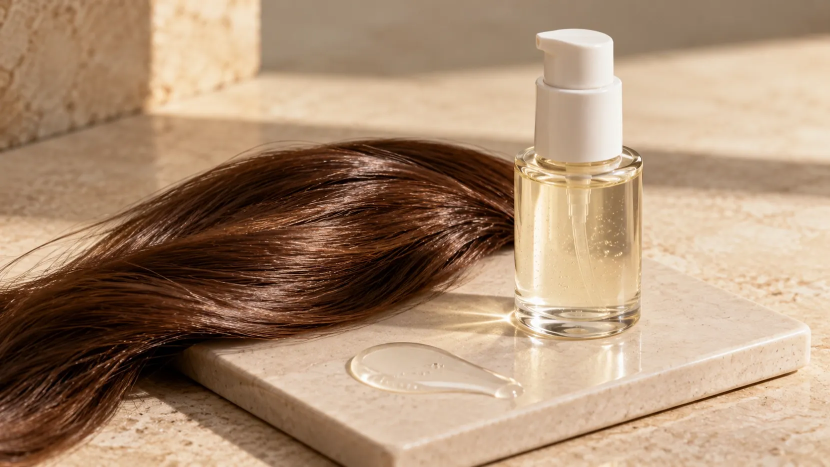 A plain pump bottle beside a brown hair swatch and a small clear serum smear on a salon work surface