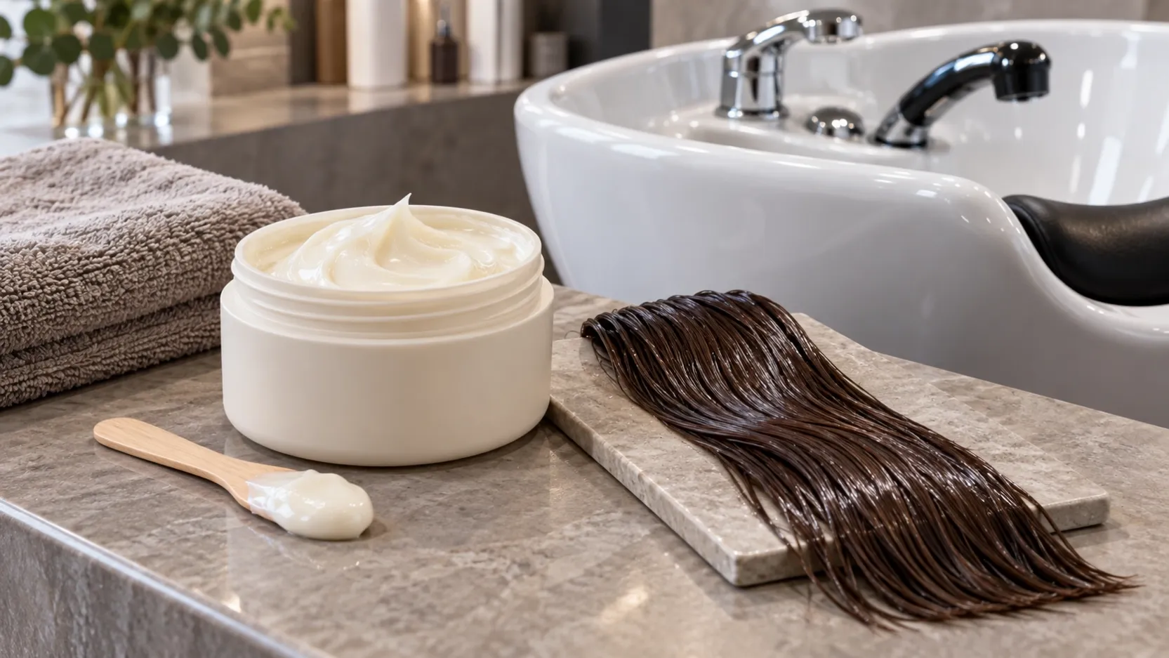 Open jar of creamy hair mask, wooden spatula and wet brown hair swatch beside a salon basin.