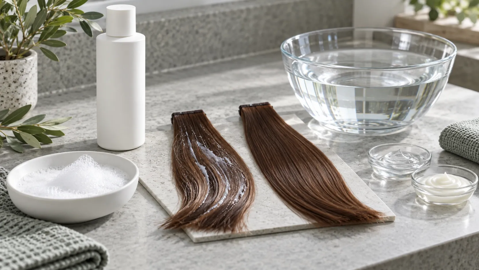 Brown hair swatches beside a white shampoo bottle, clear bowl of water and small styling-product sample dishes.