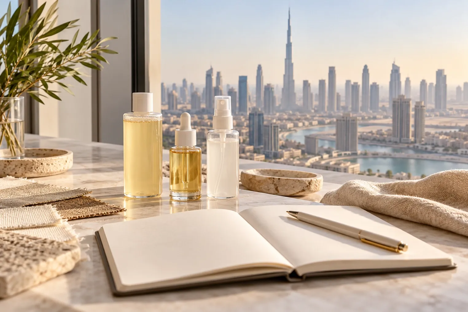Unbranded hair-care sample bottles and a blank sourcing notebook overlooking a distant Dubai skyline.