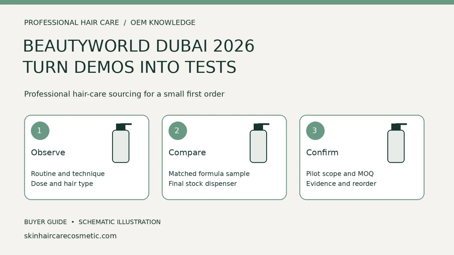 Low-MOQ hair-care buyer diagram for Beautyworld Dubai 2026 showing how to observe a demonstration, compare matched samples and confirm a stock-bottle pilot.