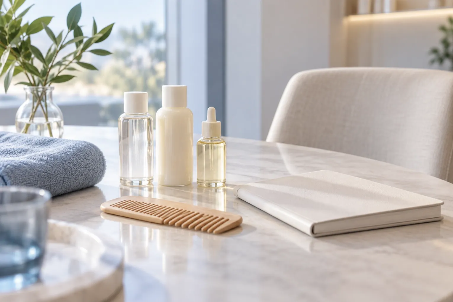 Three unbranded scalp-care sample bottles beside a notebook on a bright salon consultation table