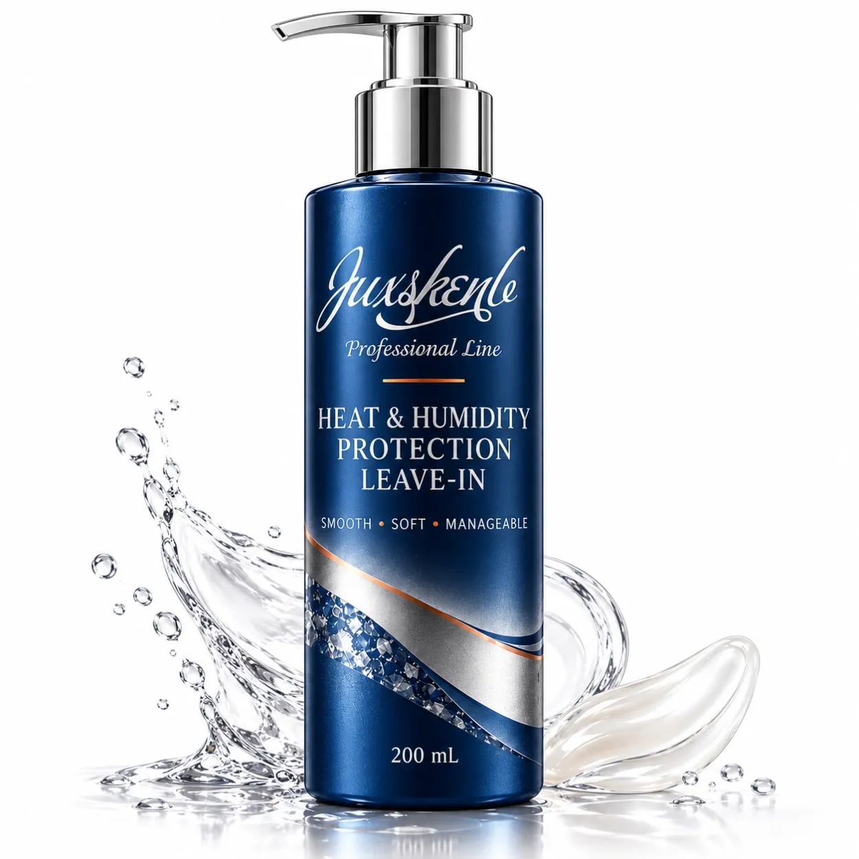 JUXSKENB Professional Line Heat and Humidity Protection Leave-In in a deep-blue 200 ml bottle with a silver lotion pump.
