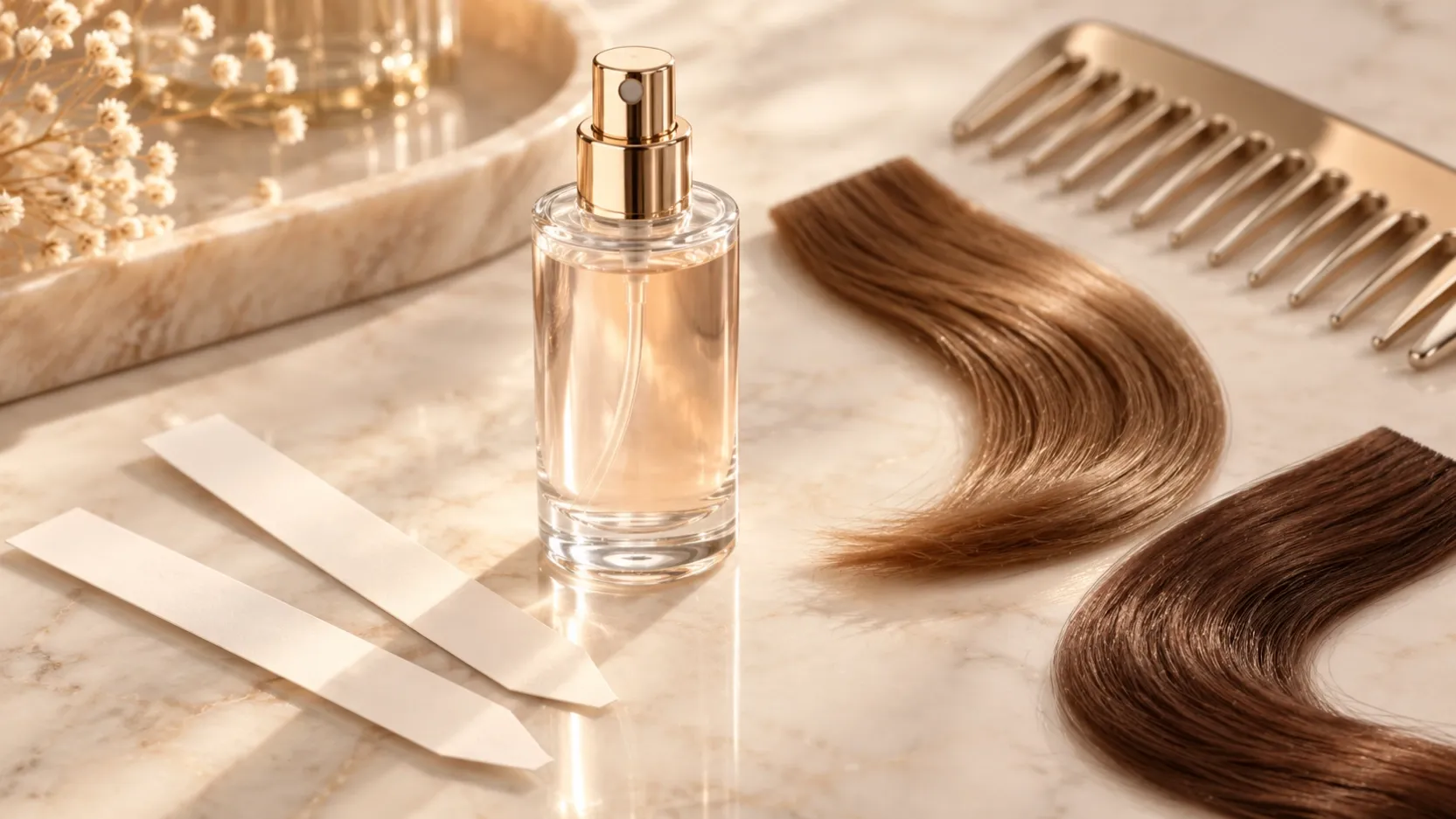 A clear unbranded fine-mist bottle beside fragrance blotters, brown hair swatches and a wide-tooth comb.