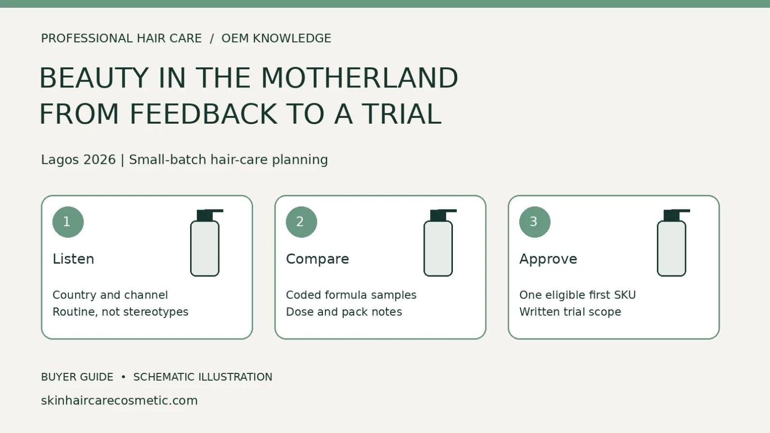 Beauty in the Motherland hair-care trial diagram showing buyer-context notes, coded sample comparisons and a written small-order approval scope.
