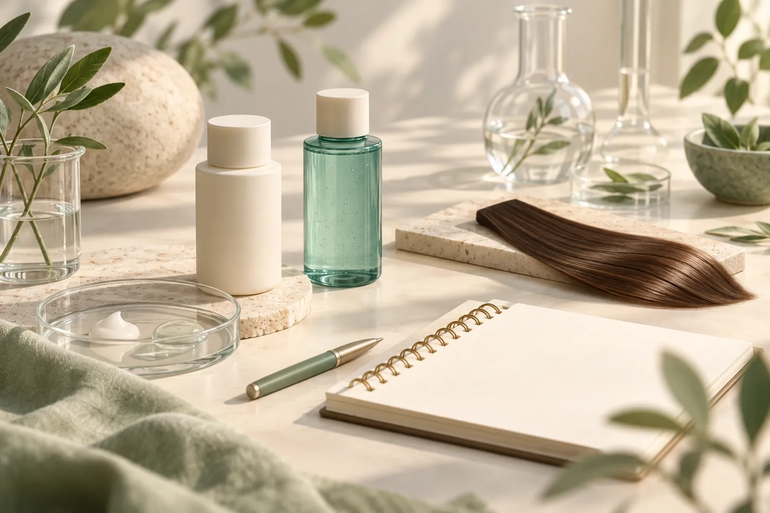 Concept illustration of scalp-care sample bottles, a hair swatch and an unmarked pilot evaluation notebook.