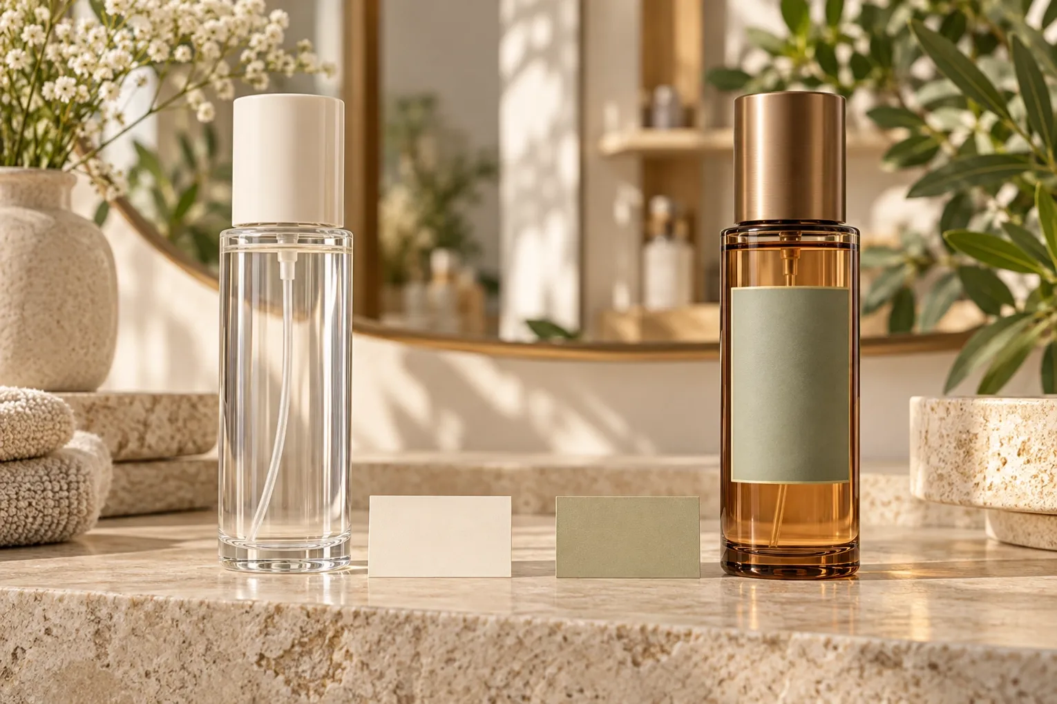 Concept illustration comparing an unbranded stock hair-fragrance spray with a decorated packaging concept and blank label samples.