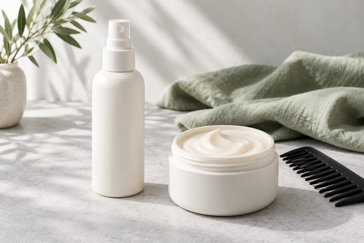 Unbranded hydrating spray bottle and open cream mask jar beside a salon comb.