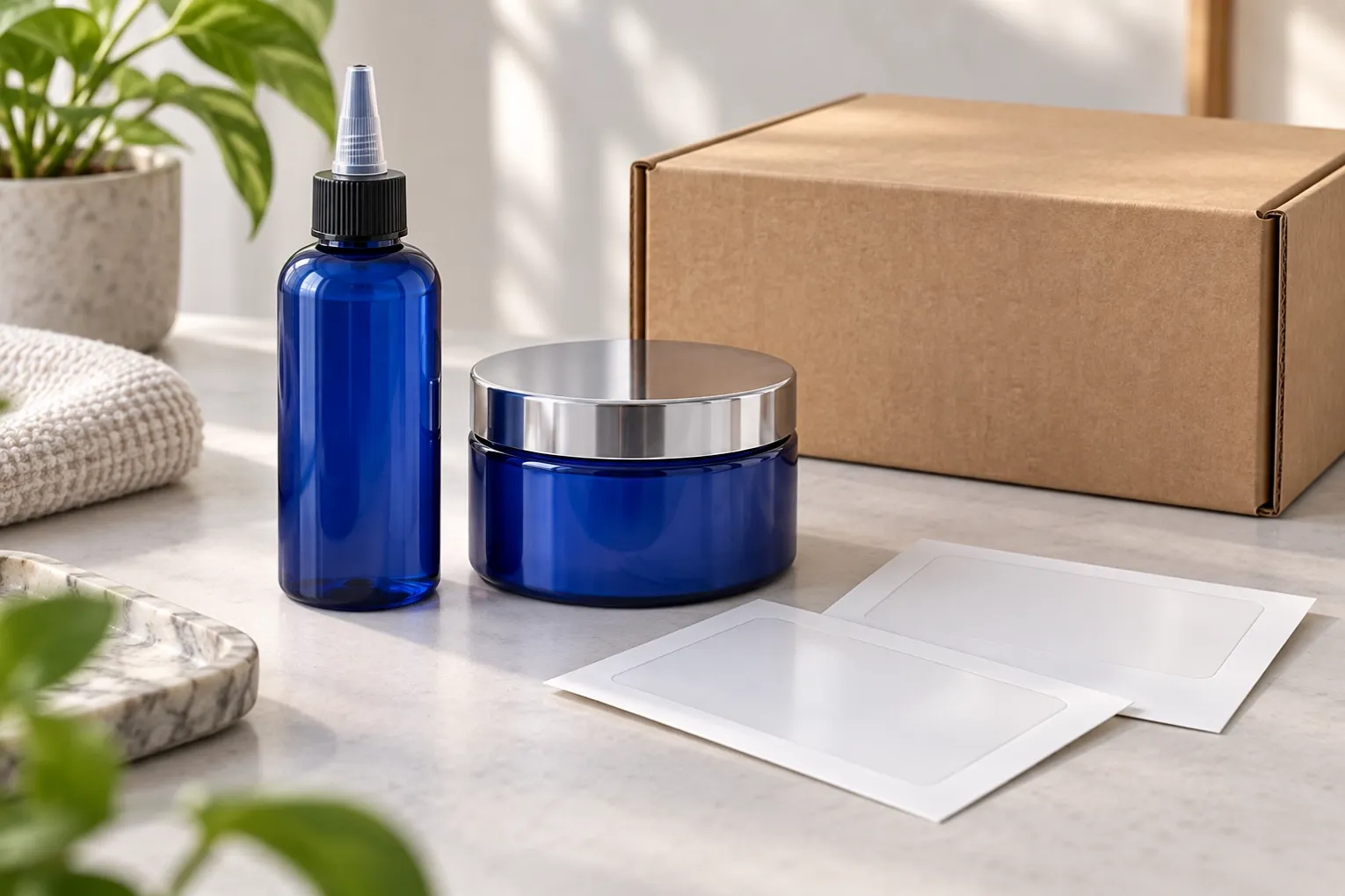Illustrative small hair-care launch with a blue nozzle bottle, a blue mask jar, labels and a plain sample carton on a desk.