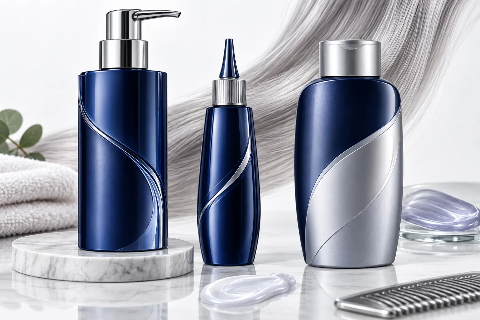 Editorial packaging concept of a professional treatment pump, gloss nozzle bottle and silver-hair shampoo on a clean salon display.