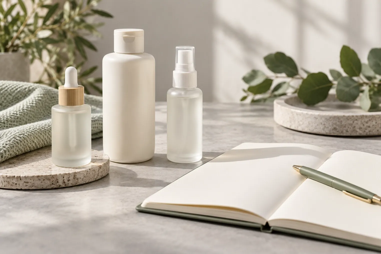 Unbranded scalp serum, shampoo and spray samples arranged beside a buyer planning notebook.