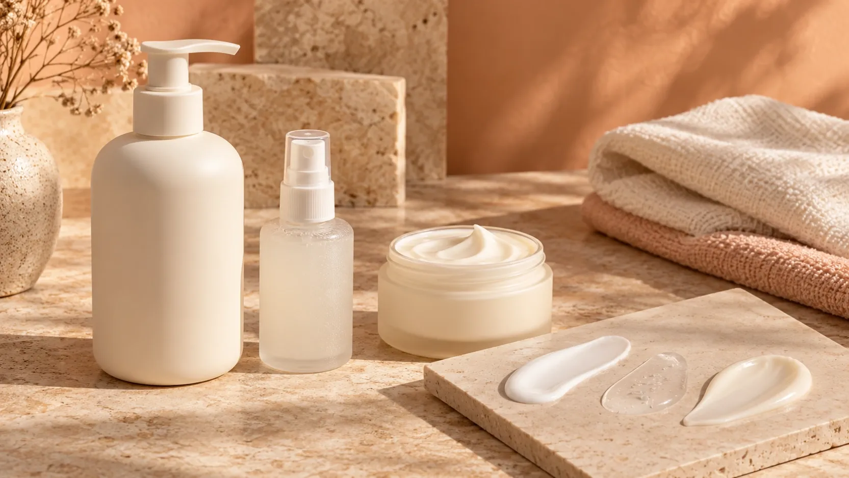 Unbranded lotion pump, spray bottle and cream jar beside lotion swatches and folded fabric.