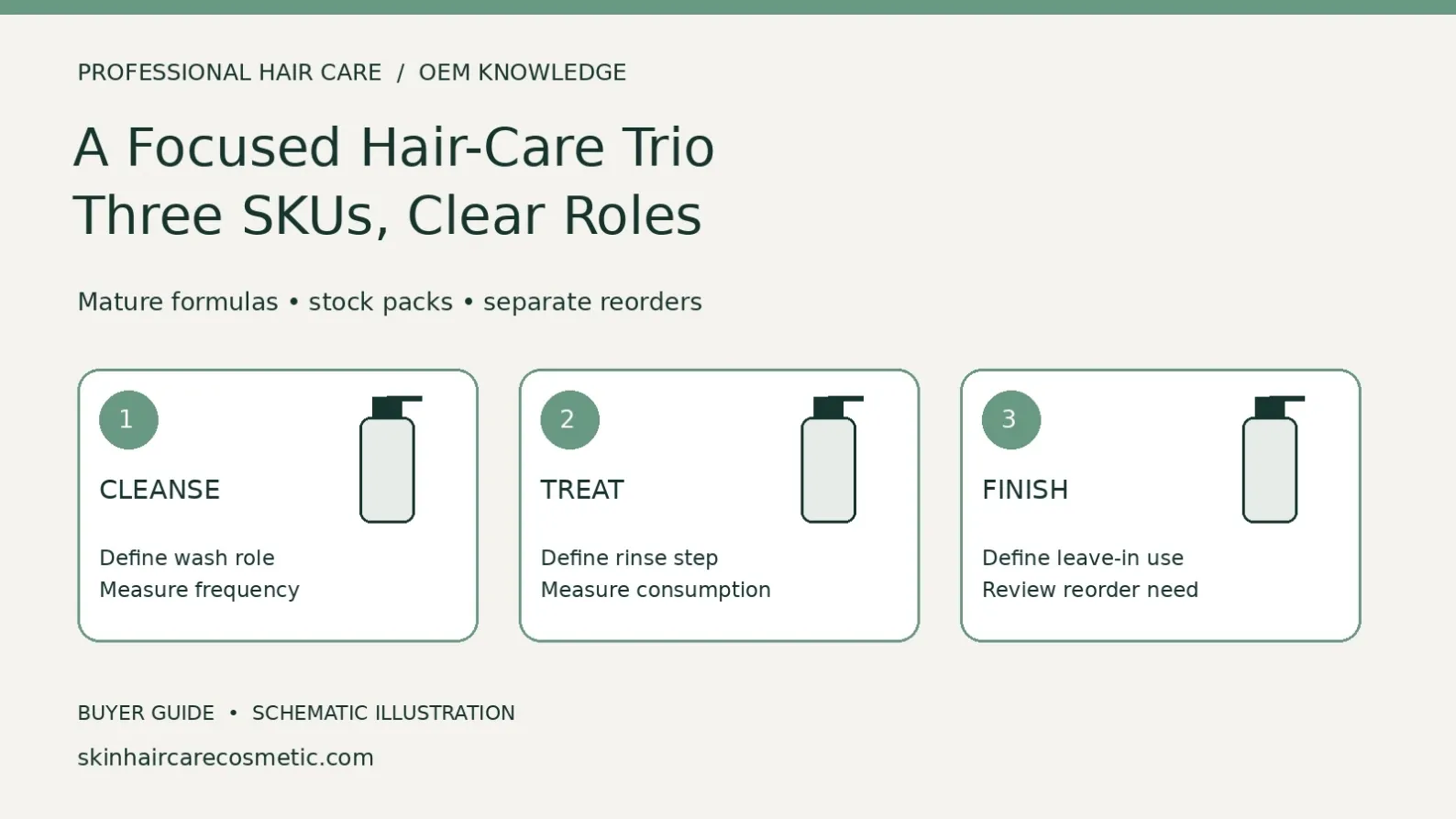 Schematic of three hair-care product roles: cleansing shampoo, rinse-off treatment and leave-in finish, with separate reorder review.