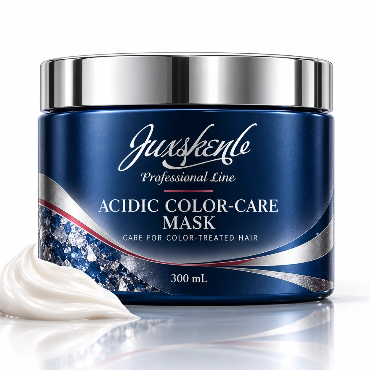 JUXSKENB acidic color-care mask in a blue 300 ml retail jar with silver lid; separate presentation from the retained 500 ml salon format.