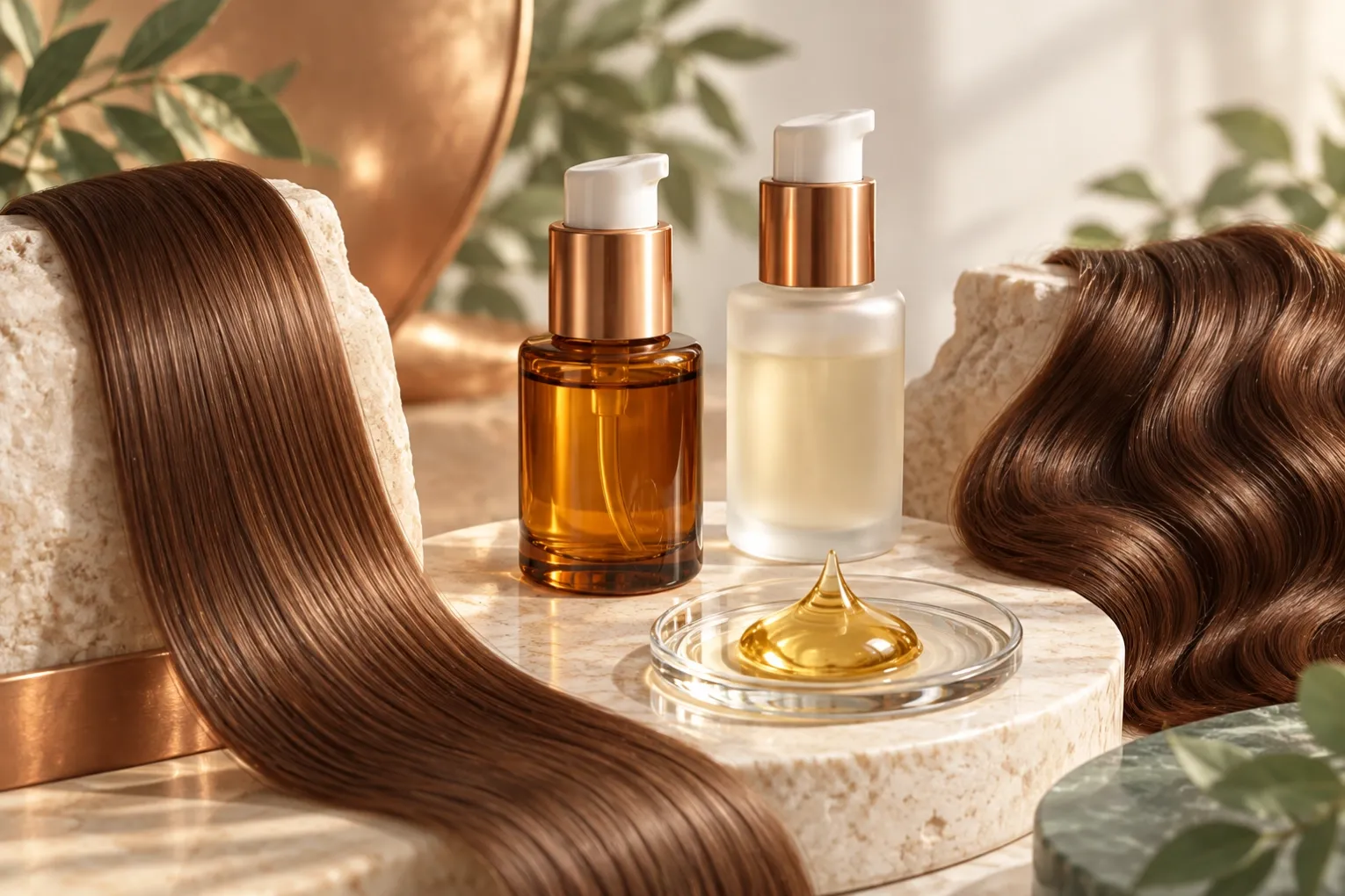 Concept illustration of unbranded serum bottles and a clear oil drop beside fine and thick hair swatches.