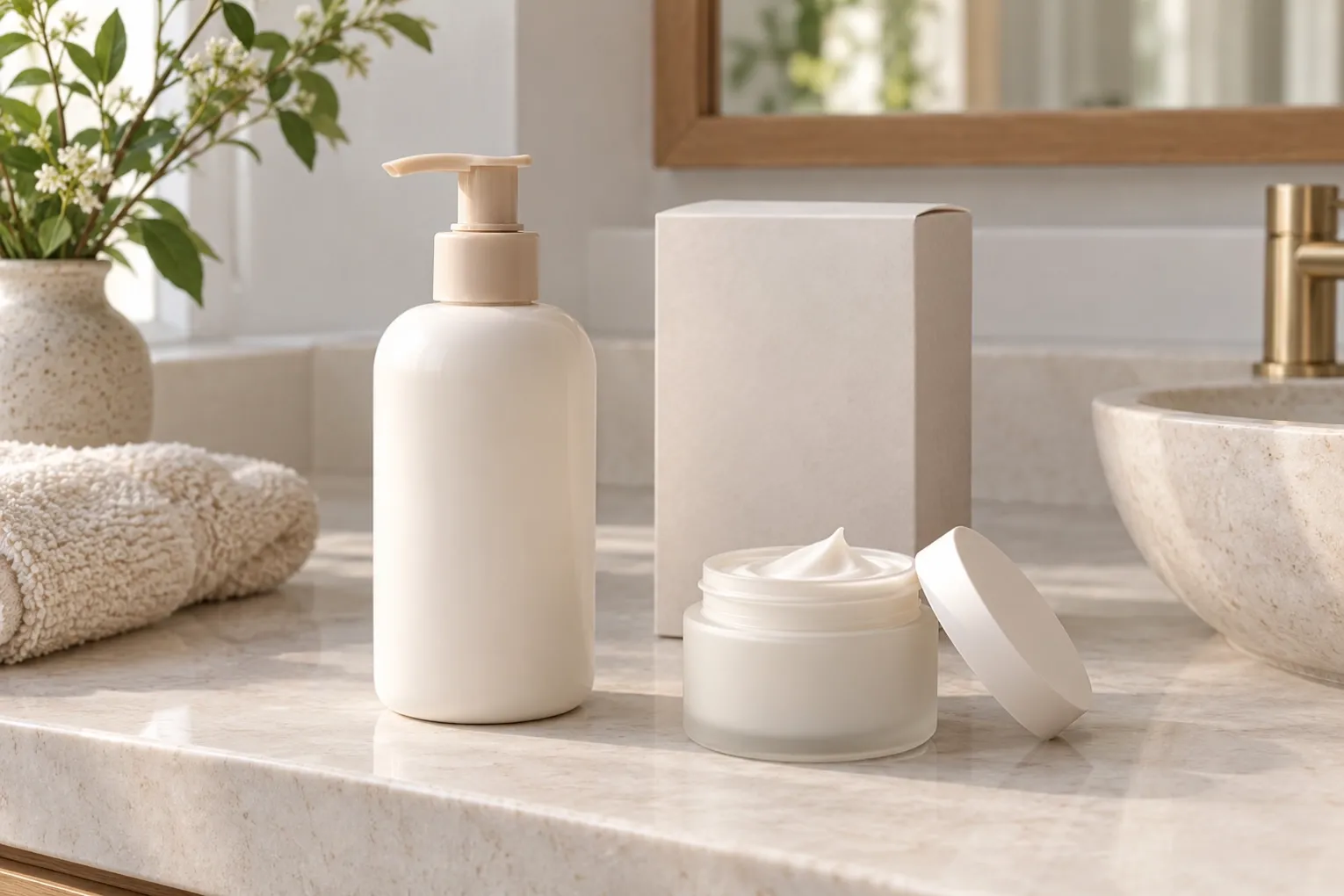 An unbranded pump wash bottle and a small cream jar beside a plain gift sleeve on a pale bathroom counter