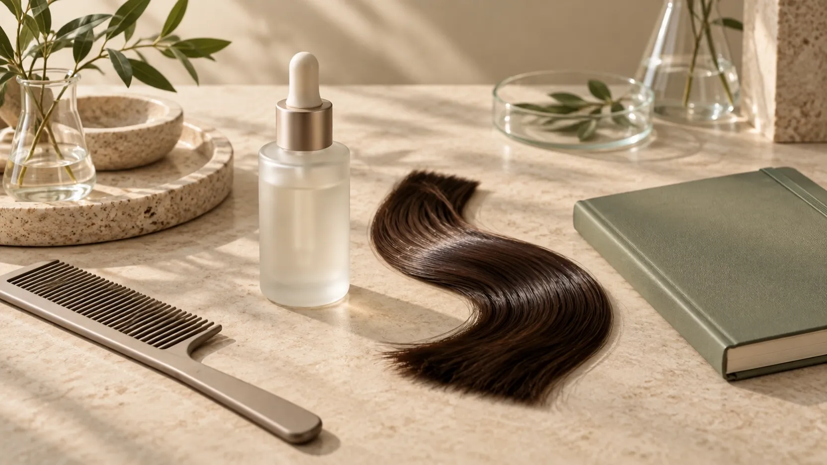 Unbranded serum bottle, brown hair swatch, comb and notebook on a stone table.