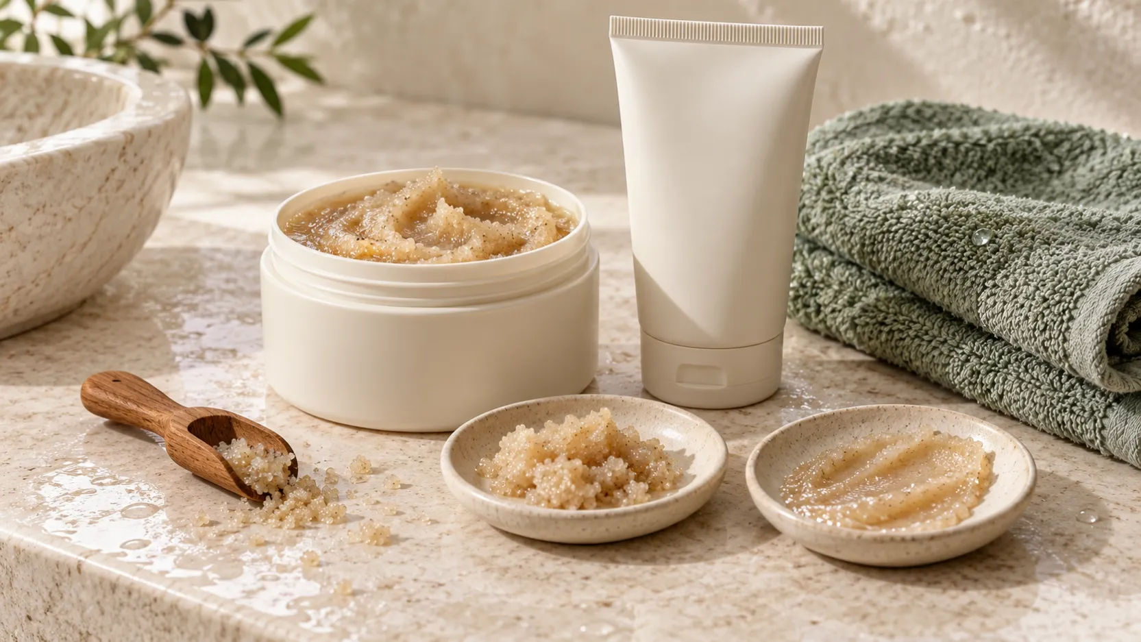 An open unbranded body scrub jar, cream squeeze tube and small dishes of textured scrub beside a damp towel.