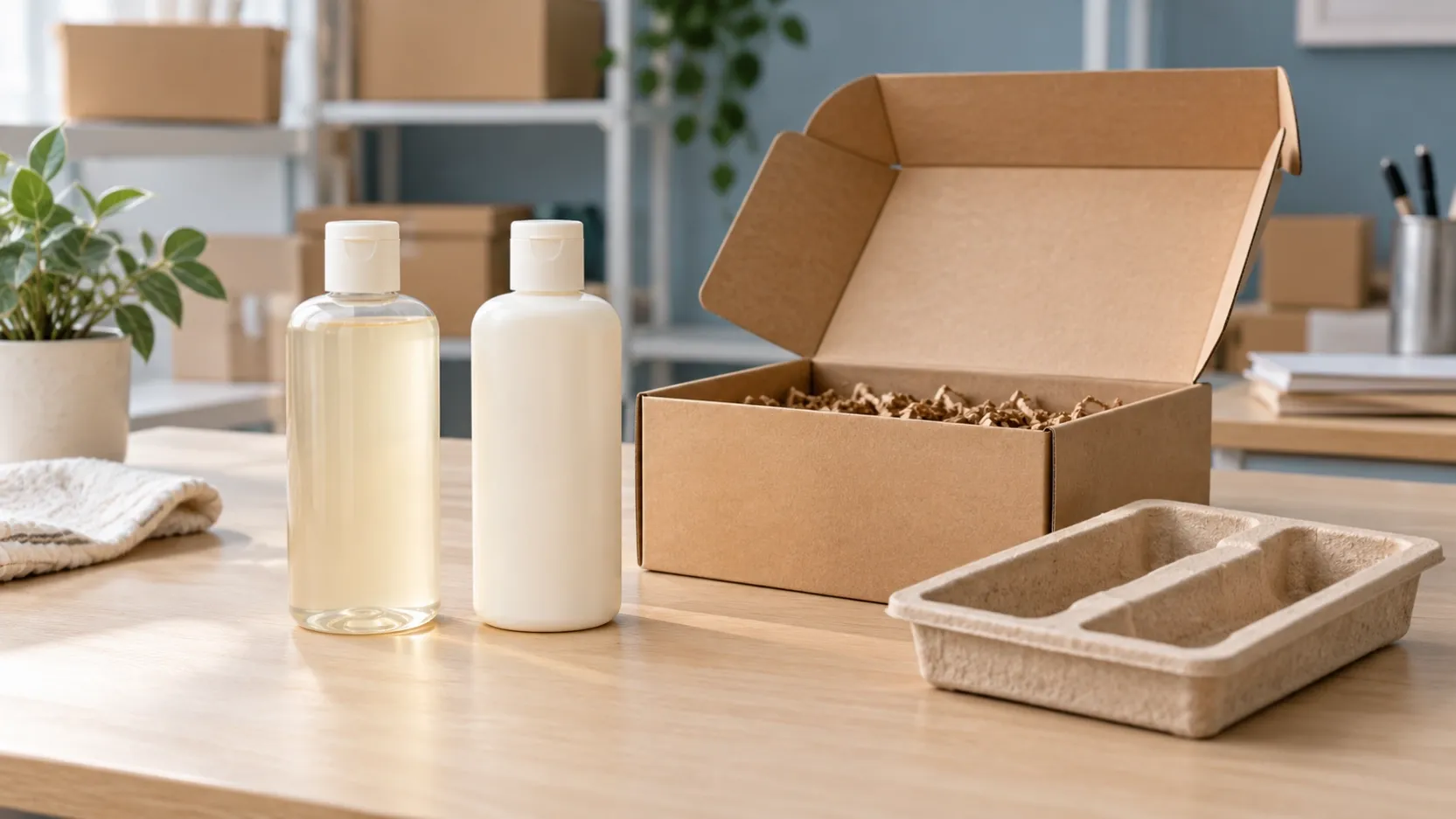 Two unbranded hair-care bottles beside an open plain kraft box and a simple packing tray