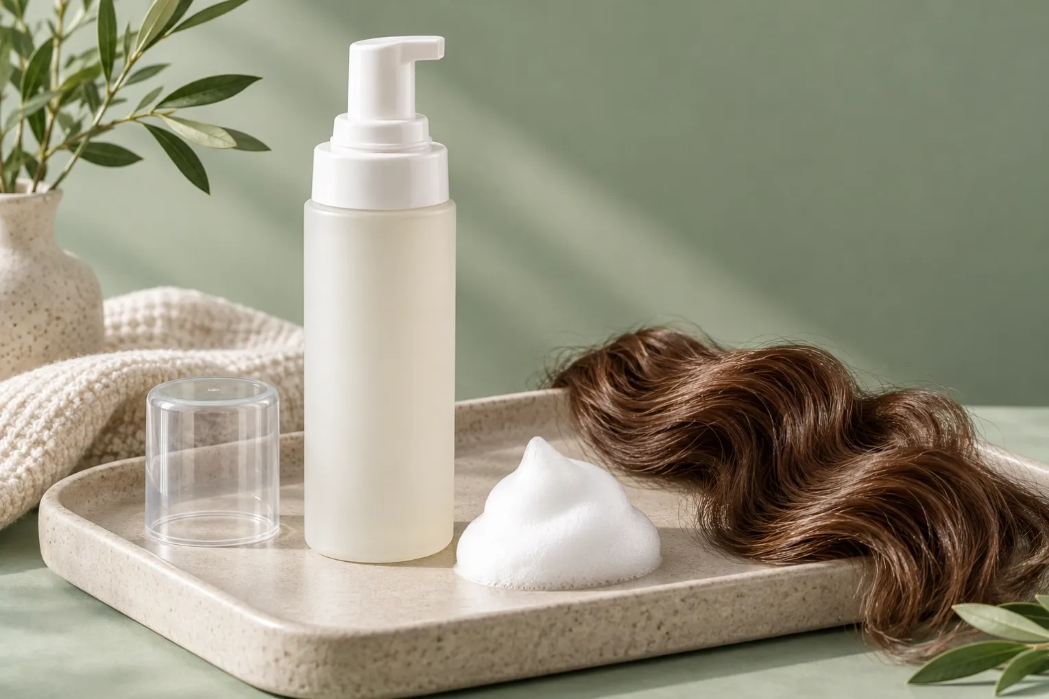 Concept illustration of an unbranded 200 ml pump-foam styling bottle with a protective cap, airy foam and a wavy hair swatch.