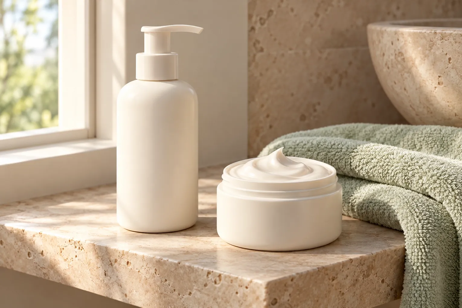 Concept illustration of an unbranded ivory body-cream pump and open cream jar with a smooth cream texture on a clean stone surface.