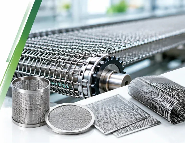 Compound weave stainless steel conveyor belt with wire mesh filter components