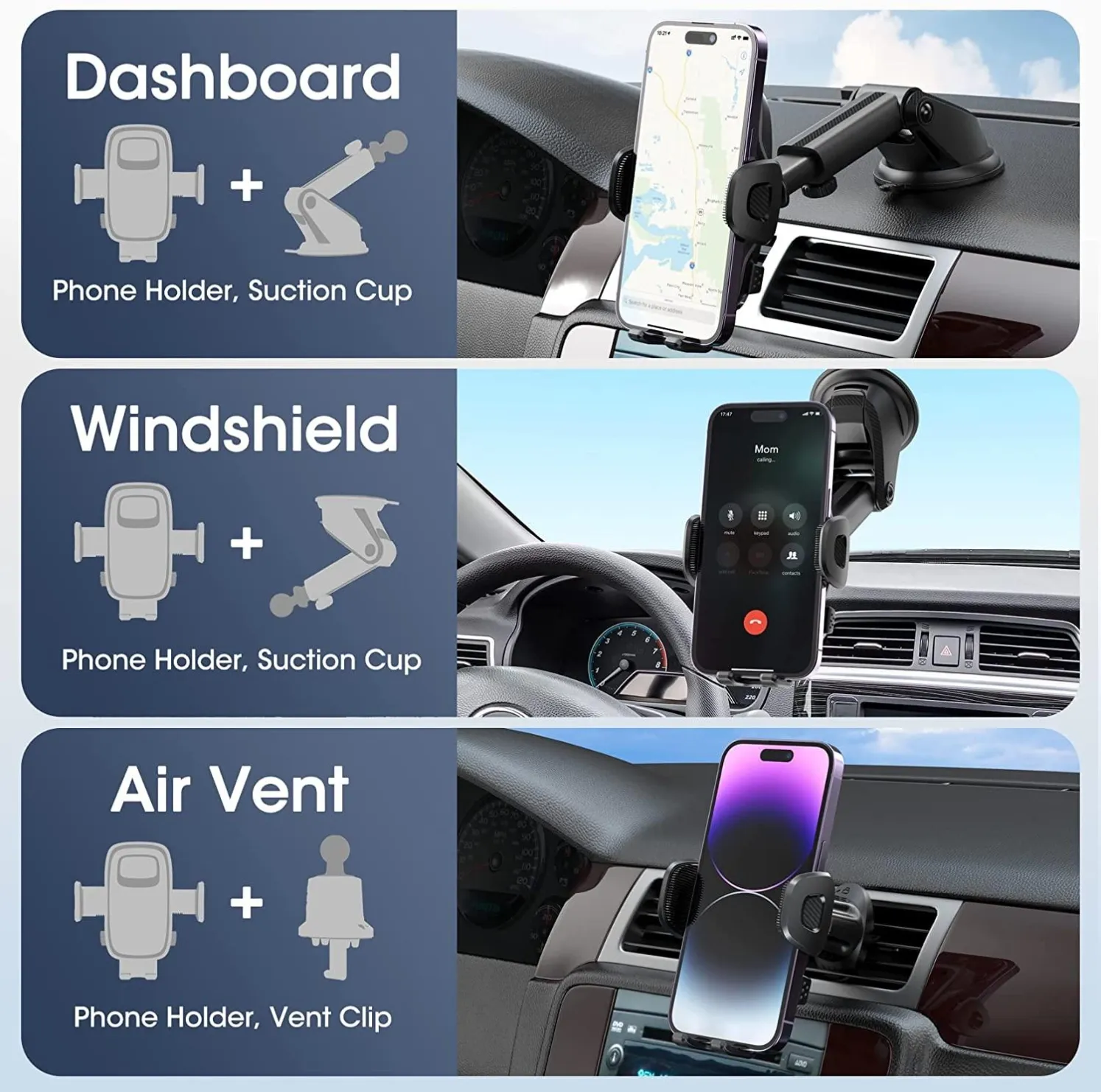 Dashboard, windshield and air vent car phone holder mounting comparison