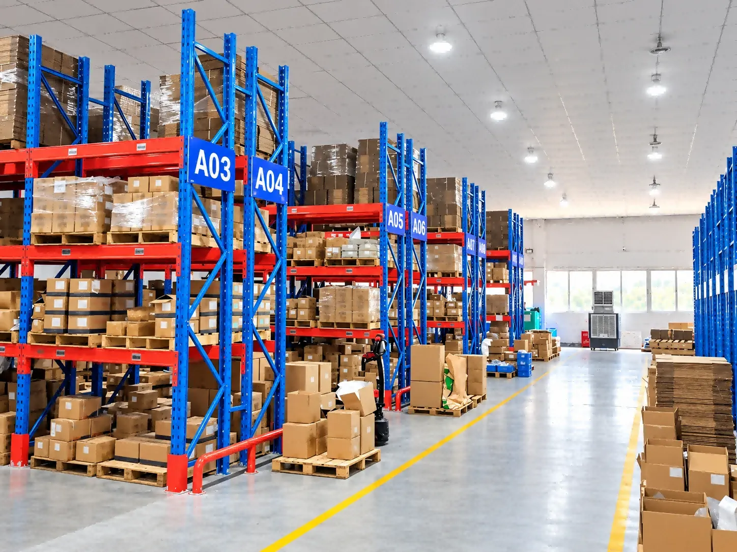 Warehouse racking with packed cartons ready for export