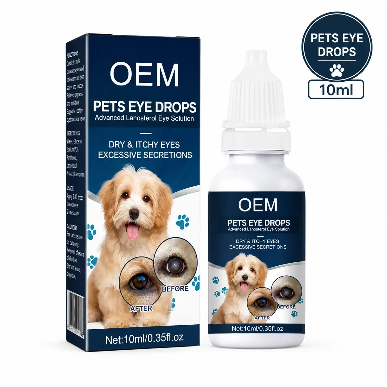 Pet eye drops for dogs and cats with white background