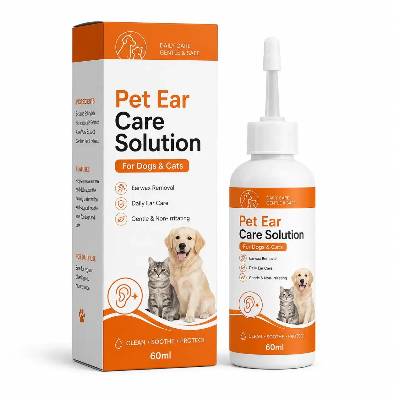 Pet ear care solution for dogs and cats 60ml with bottle and box packaging