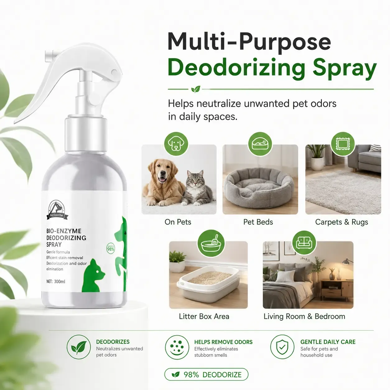 Pet odor removal spray used for bedding furniture and living areas