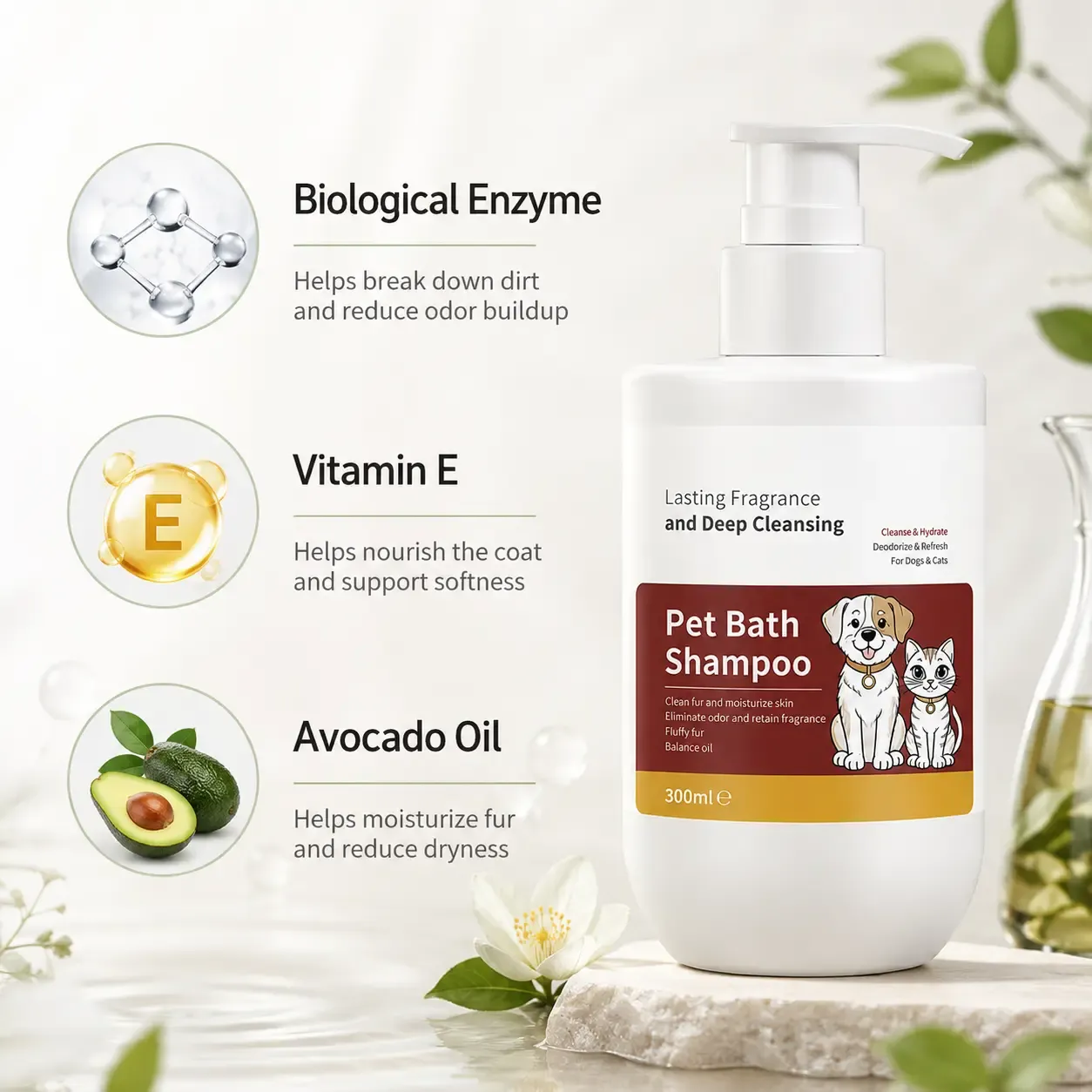 Natural Ingredients in Pet Shampoo with Vitamin E and Avocado Oil