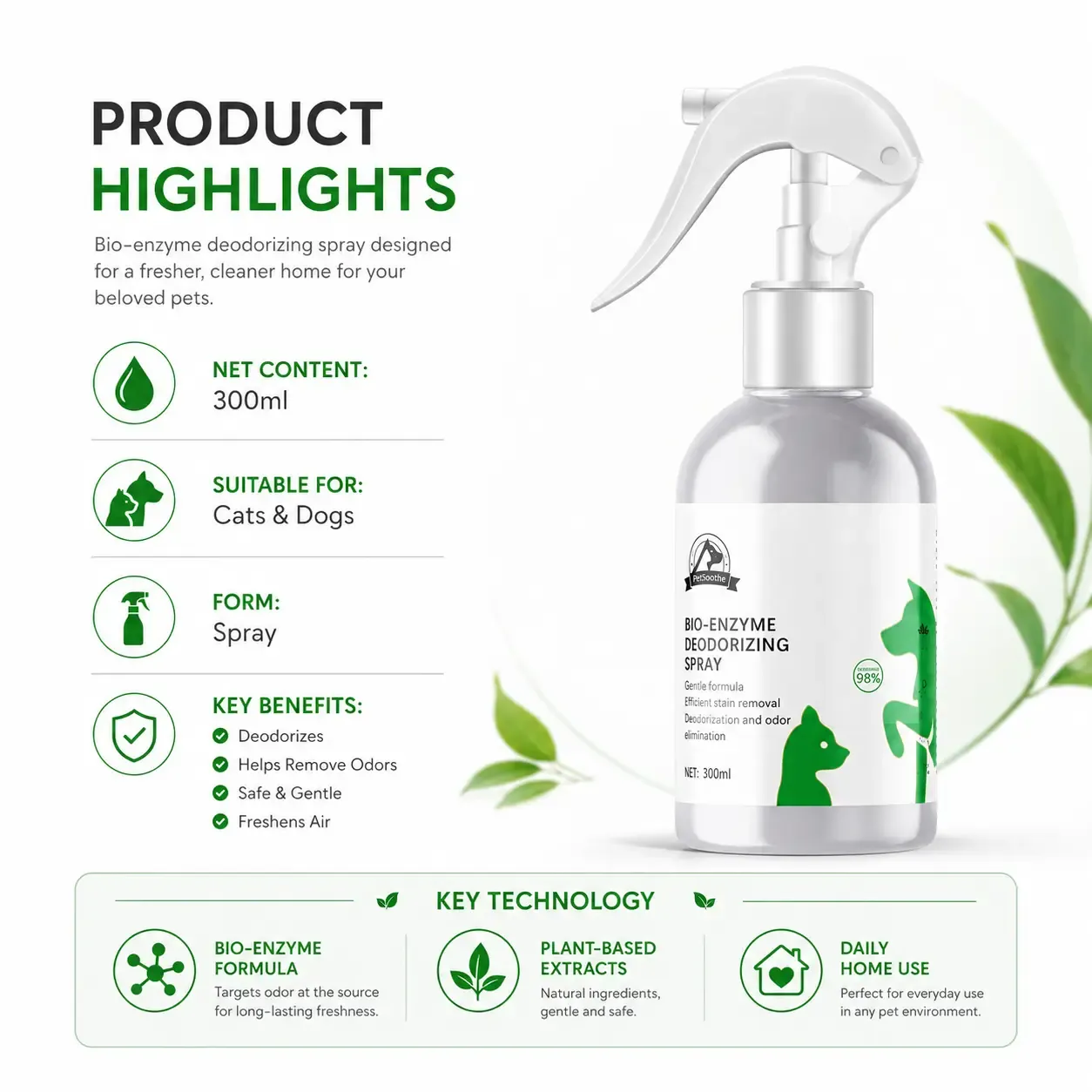 Pet deodorizing spray features biological enzyme odor removal formula