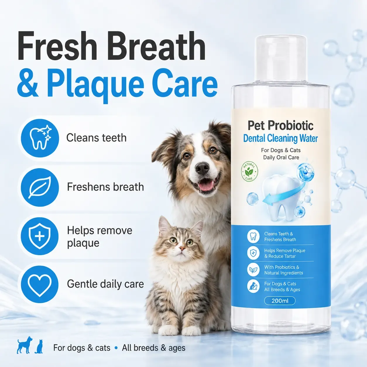 Natural ingredients in pet dental cleaning water probiotics lysozyme green tea extract