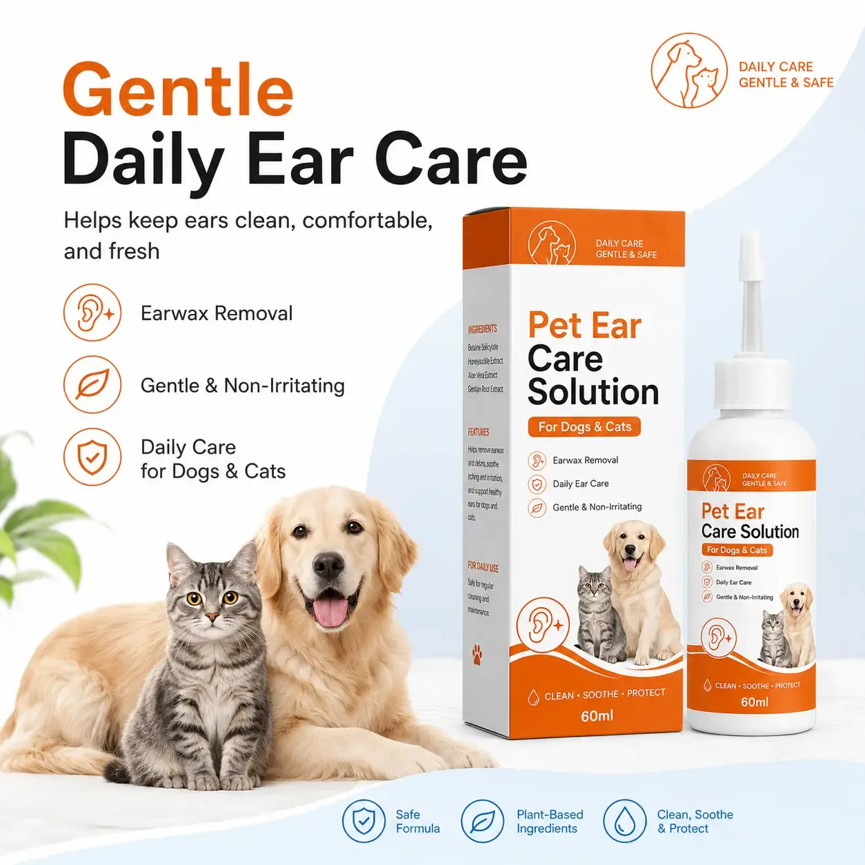 Natural ingredients in pet ear care solution including aloe vera and honeysuckle extract