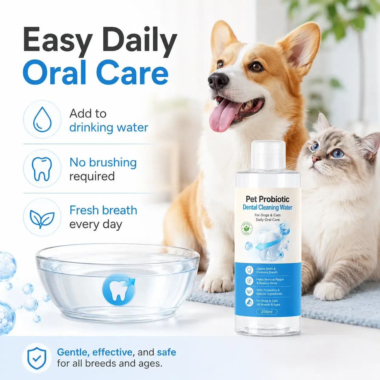 Pet dental care solution for fresh breath and plaque control