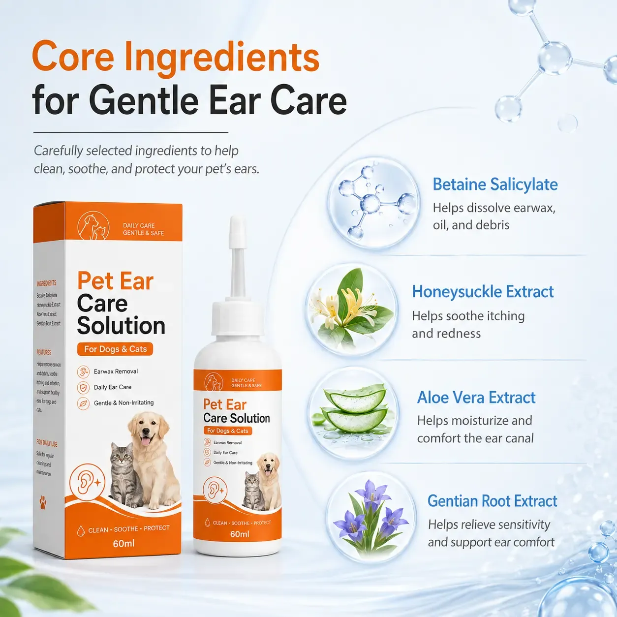 Gentle daily ear care solution for dogs and cats
