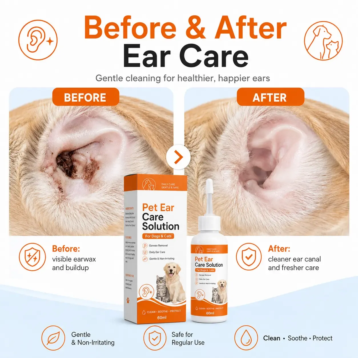 Pet ear cleaning solution before and after ear care comparison