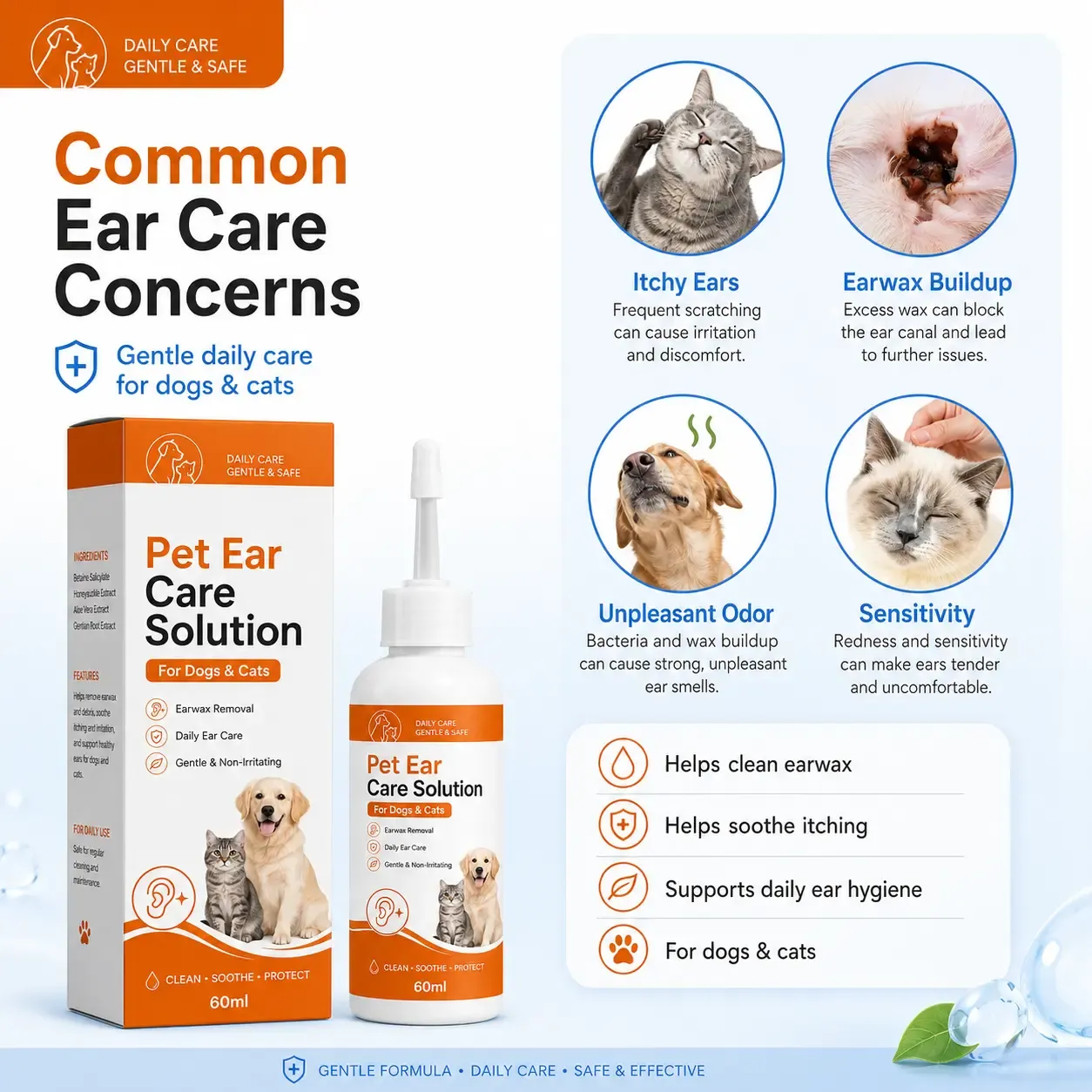 Pet ear cleaner product highlights and benefits for dogs and cats