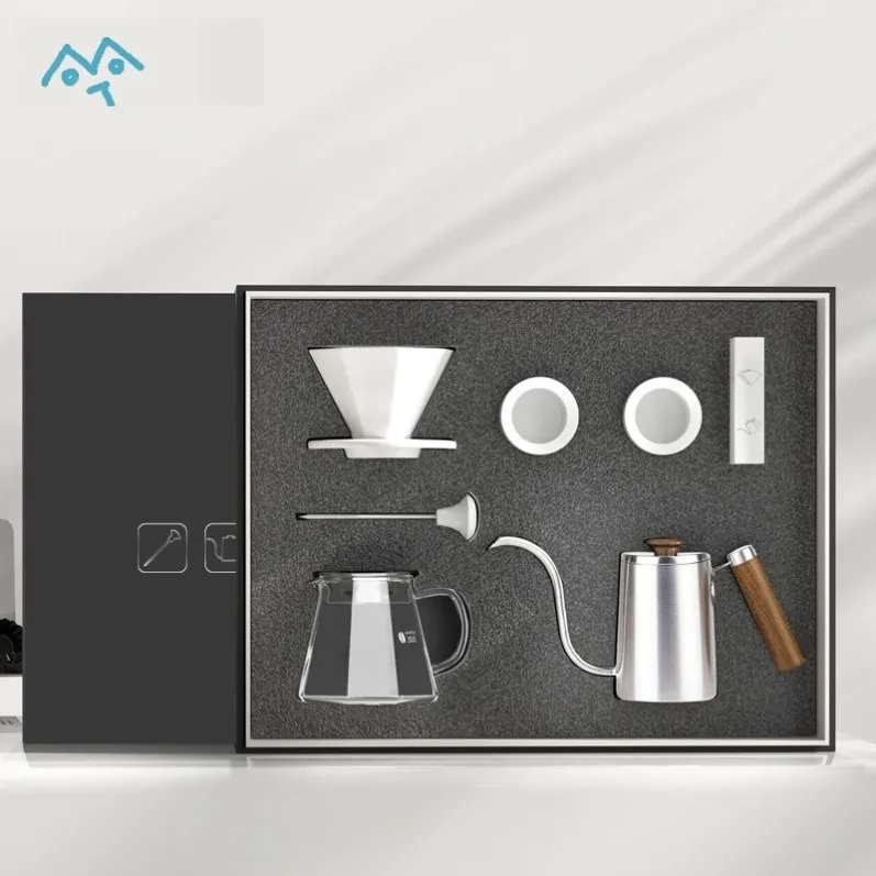 Stainless silver pour over coffee gift set arranged in magnetic gift box