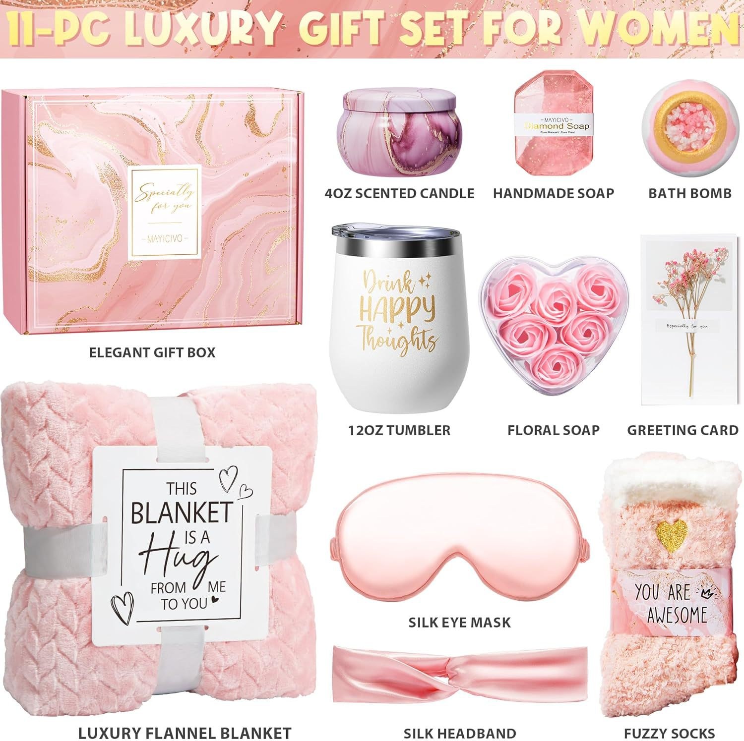 10-piece luxury get well gift set for women - flannel blanket hug, tumbler, eye mask, candle, bath bombs